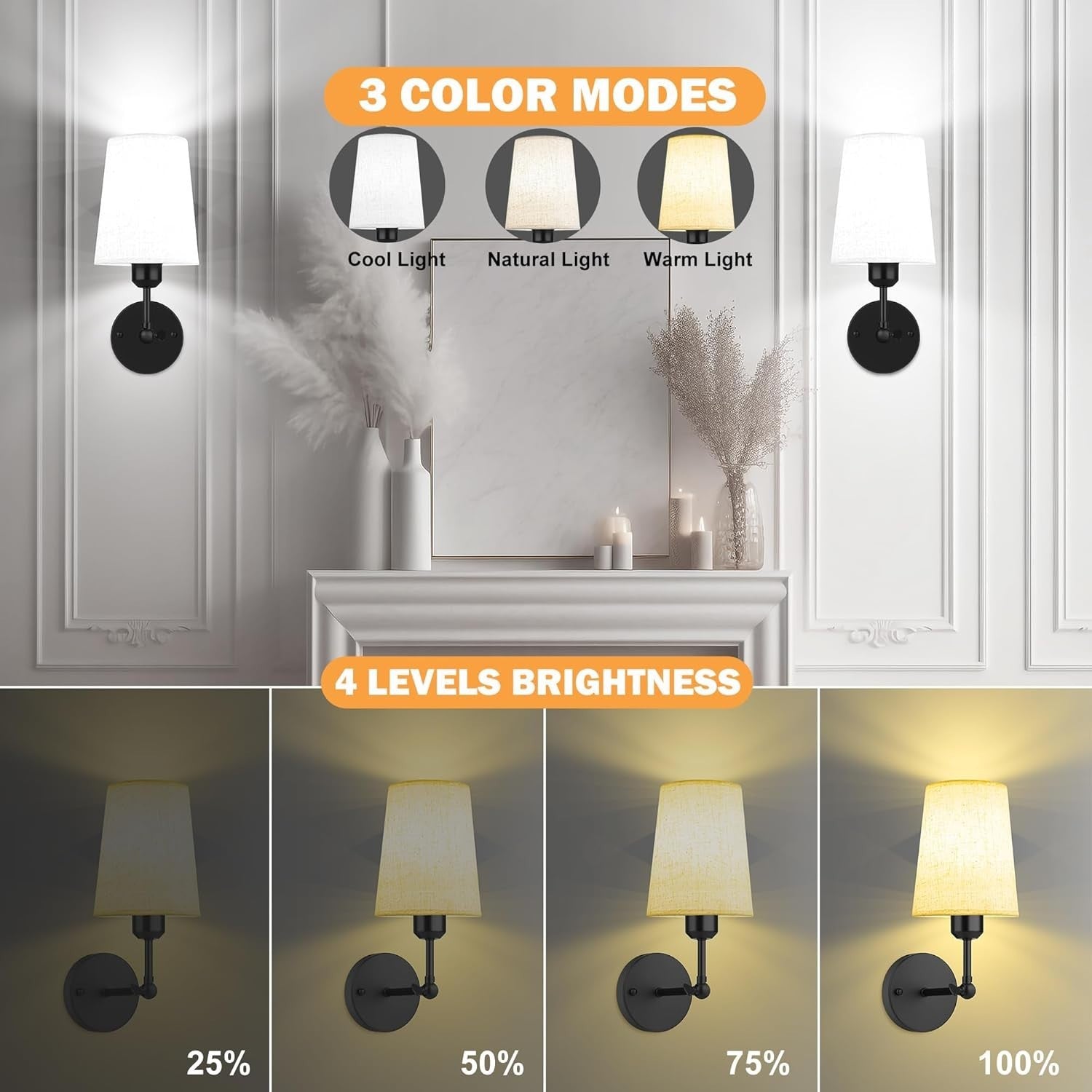 Set of 2 Black Wall Sconce Lights Battery Operated RGB Remote Rotating