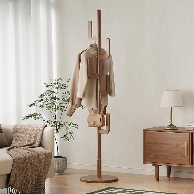 Walnut Wooden Coat Rack Stand | Modern Cactus Design Hall Tree with 6 Hooks