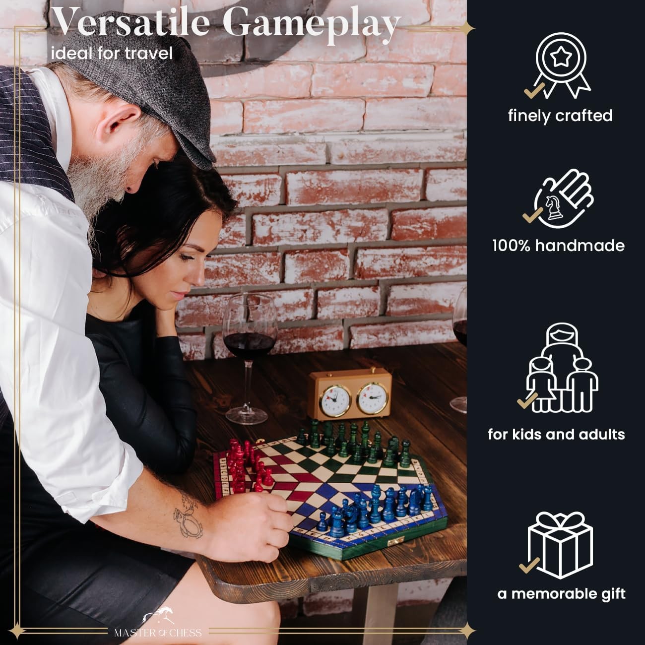 Large 3-Player Wooden Chess Set Hexagonal Board 40×35cm Handcrafted Travel Game