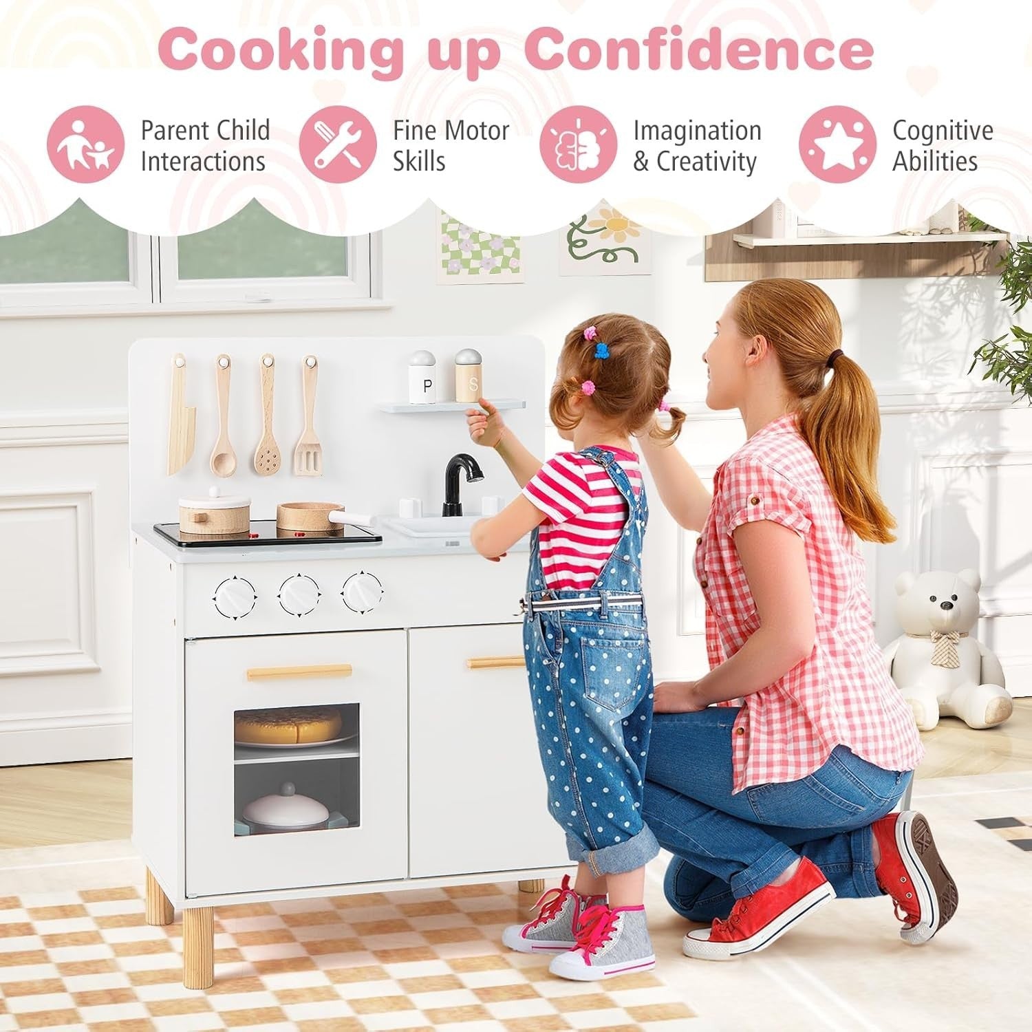 Wooden Kids Play Kitchen White Lights Sounds Oven Chef Toy Set