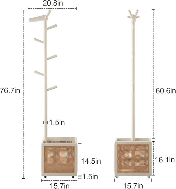 White Wooden Coat Rack Stand | 5 Hooks with Storage Basket Hall Tree