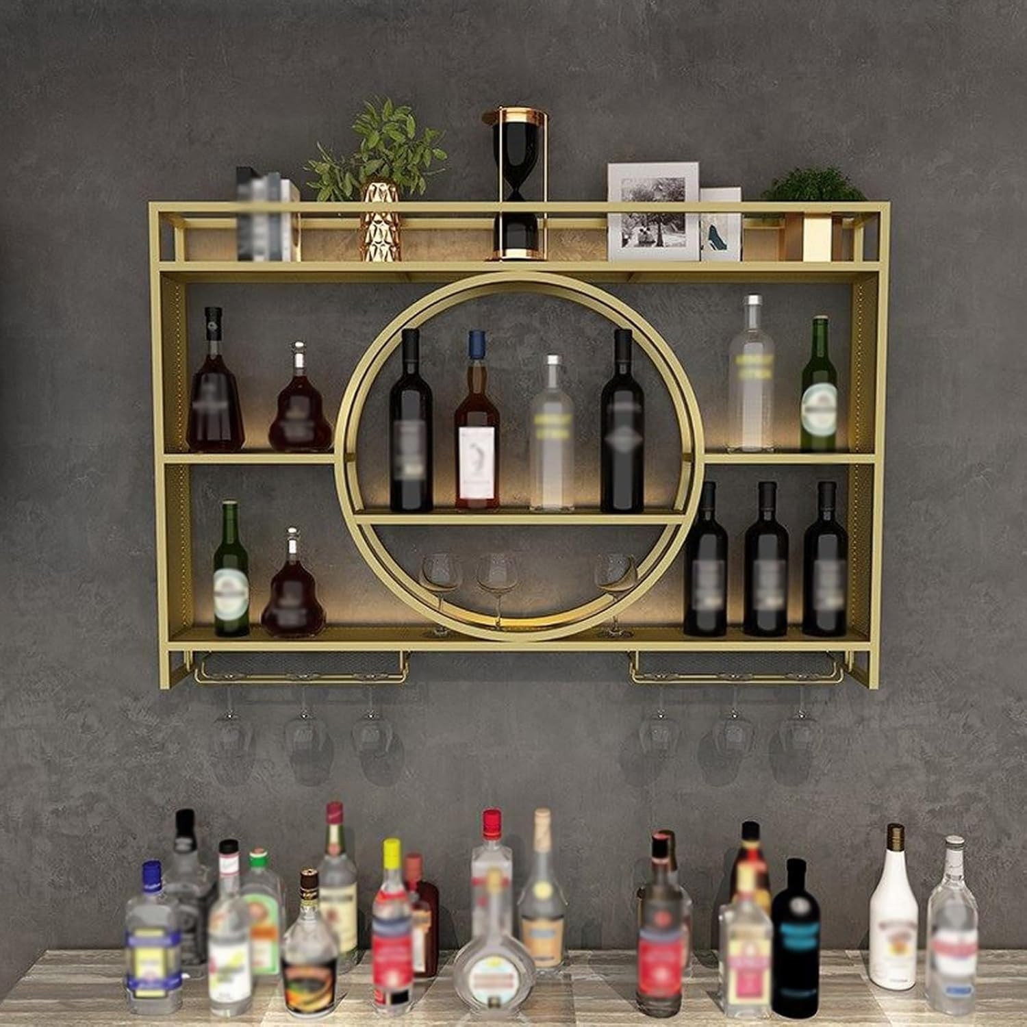 Wall Mounted Wine Rack Gold 100cm Bar Shelf with Glass Holders & Bottle Storage