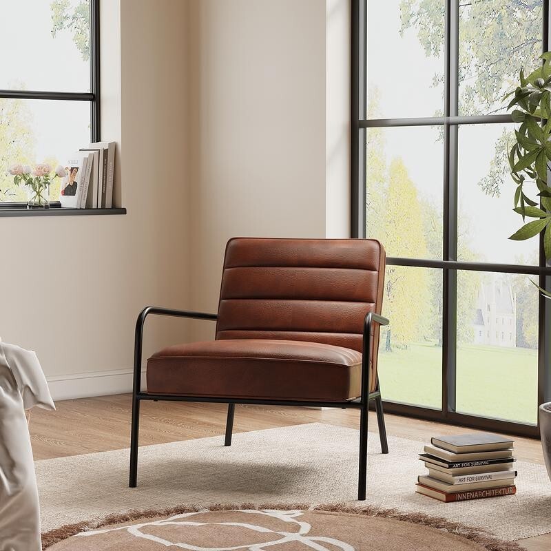 Tan PU Leather Accent Armchair Deep Seat Black Metal Frame Modern