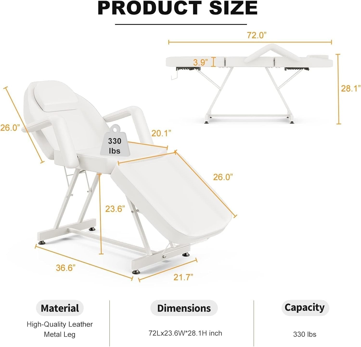Adjustable 3-Section Beauty Massage Bed w/ Hydraulic Stool & Headrest White