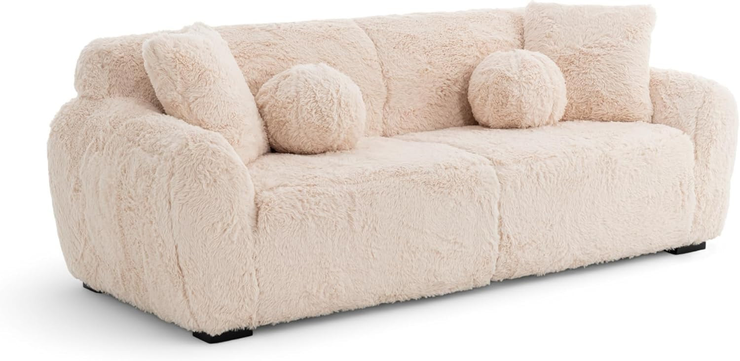 Teddy Sofa 3 Seater Cream Faux Fur, Deep Plush Seat, Fluffy Modern Couch