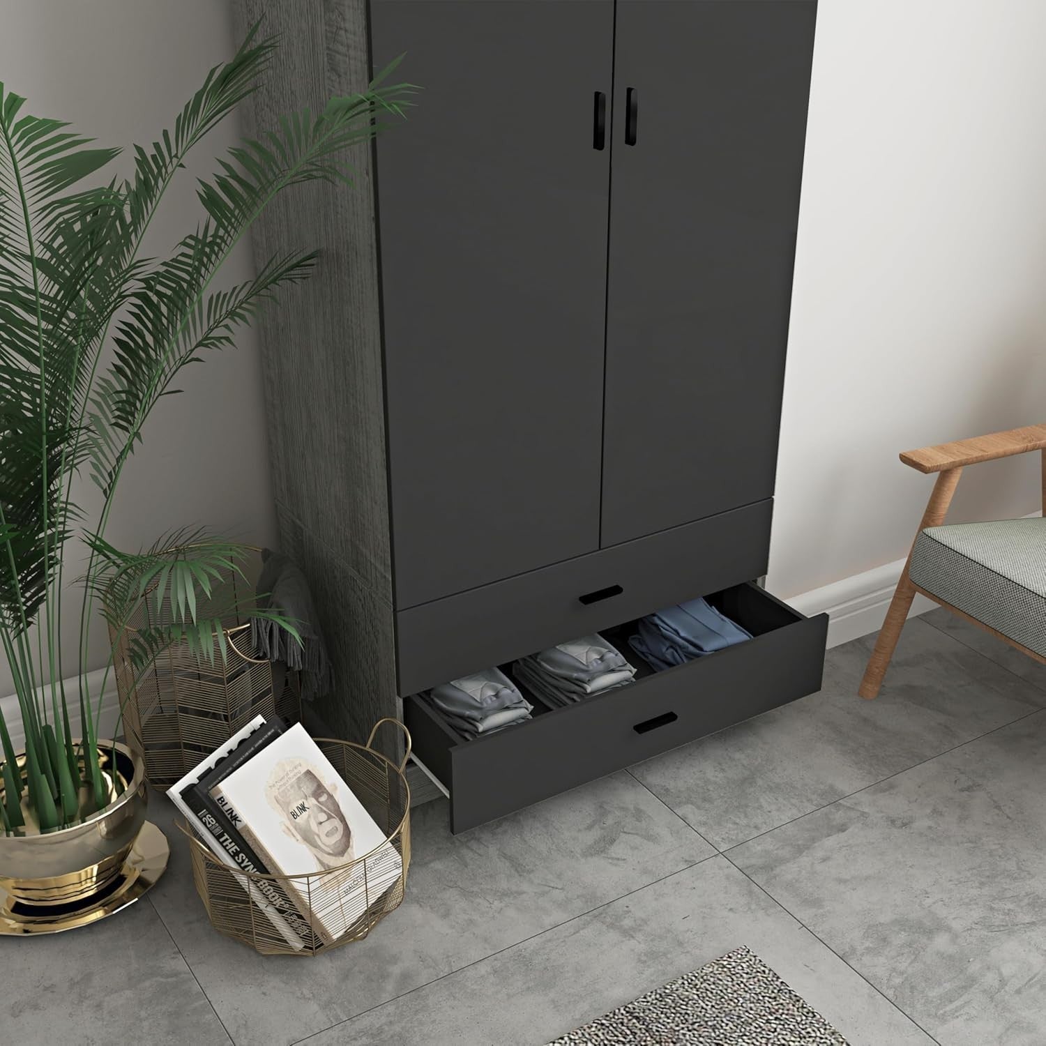 Modern Ash Grey Tall Wooden Wardrobe with 2 Drawers Bedroom Storage Unit