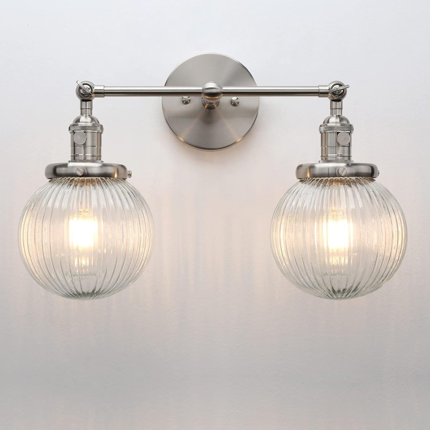 Modern 2-Light Glass Wall Sconce Brushed Metal | Dimmable Bedroom Lamp
