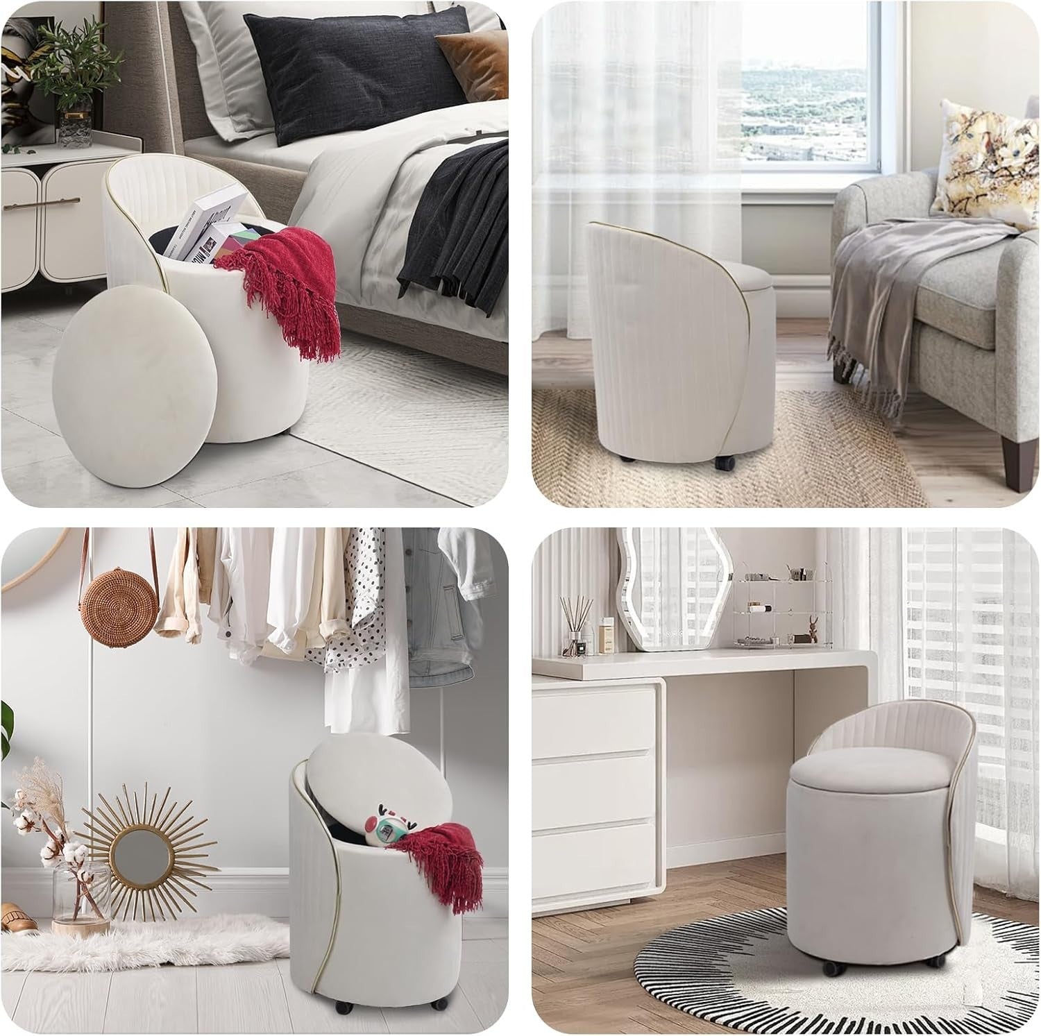 Beige Velvet Round Storage Ottoman Swivel Stool with Backrest & Wheels