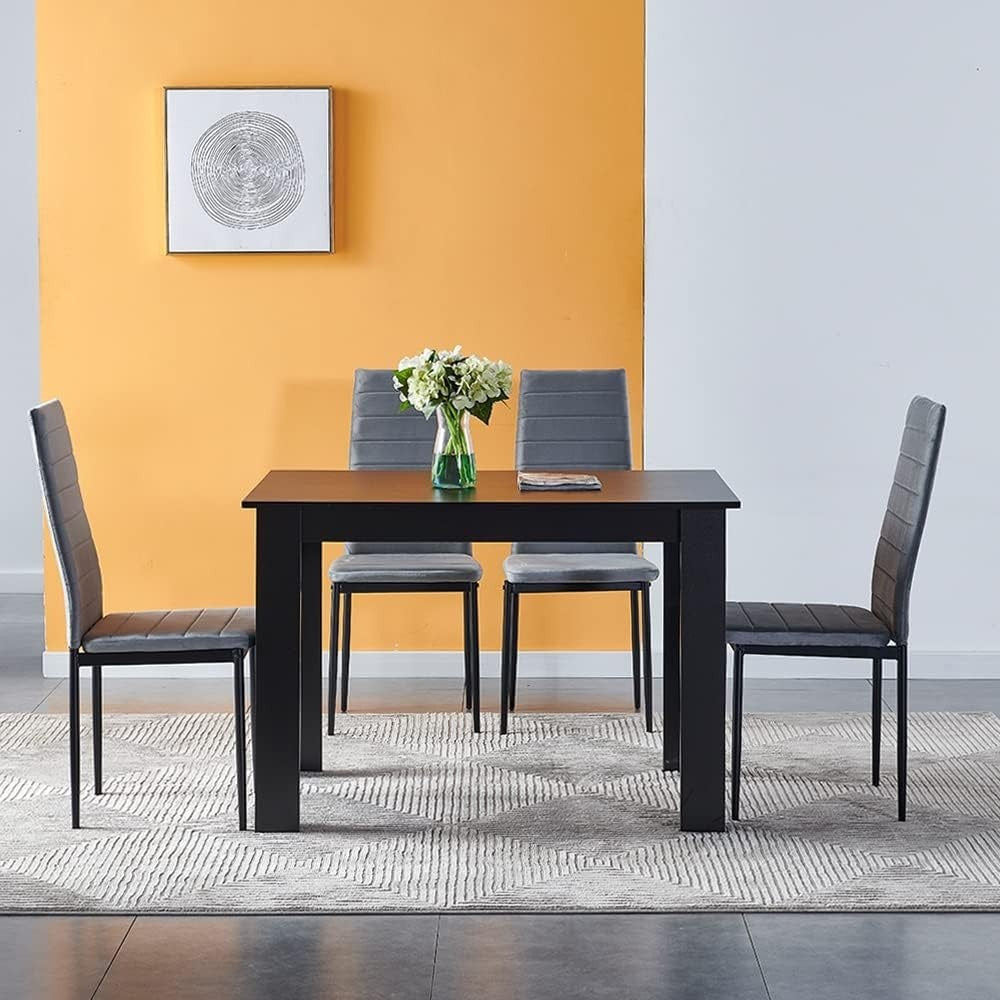 Black Dining Table Set 4 Grey Velvet Chairs Modern Space-Saving Kitchen