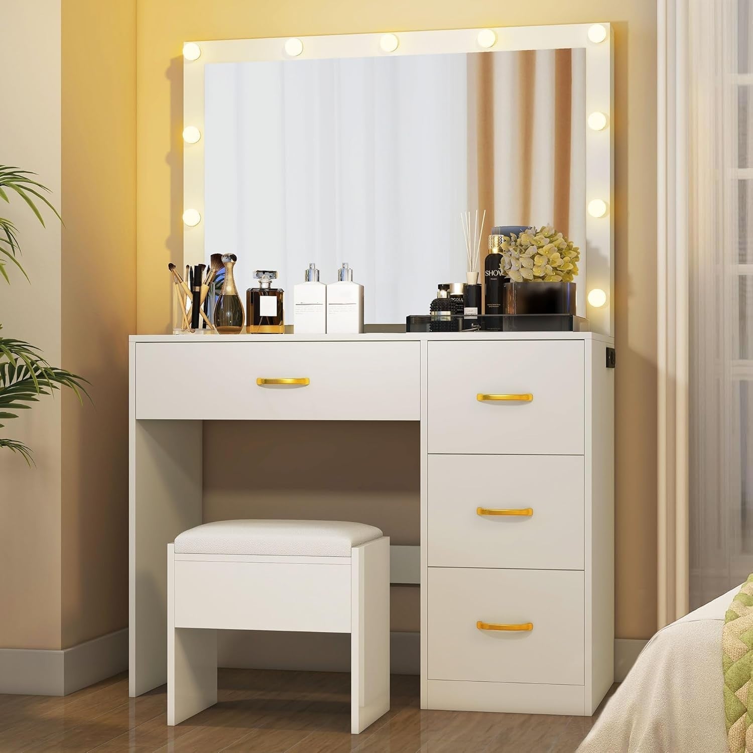 White Vanity Dressing Table w/ LED Mirror 4 Drawers Makeup Desk USB Minimalist