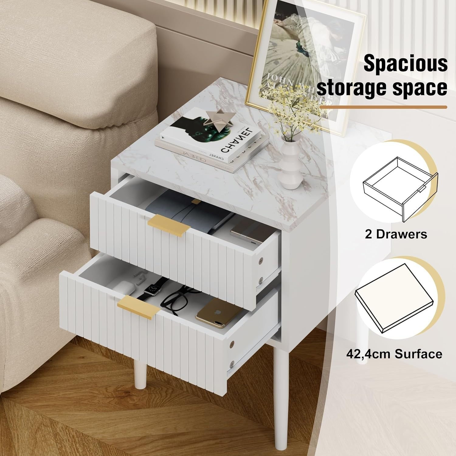 Set of 2 White Marble Bedside Tables | Modern 2 Drawer Nightstands