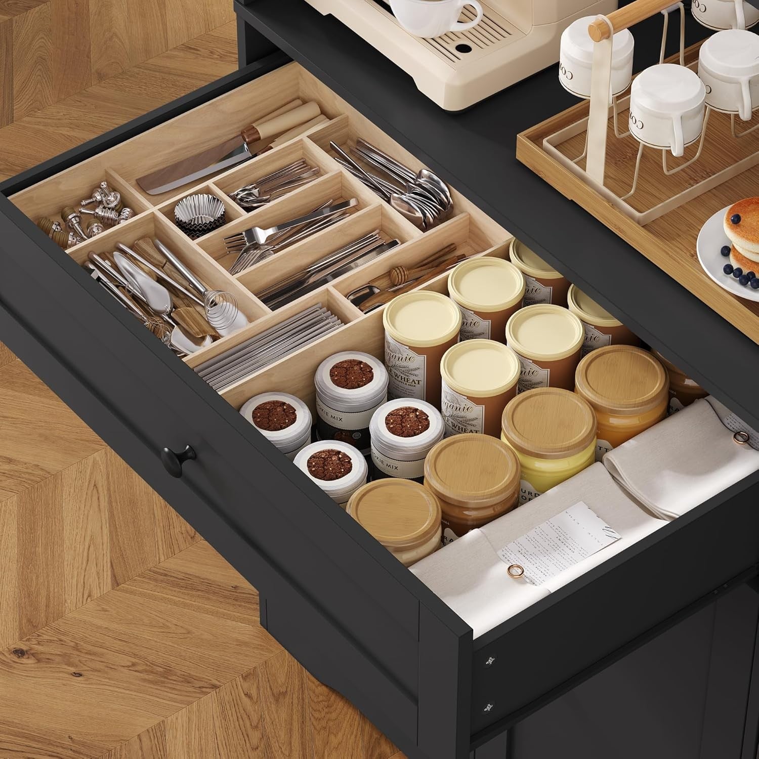 Tall Black Kitchen Cabinet Cupboard with Countertop & Adjustable Shelves