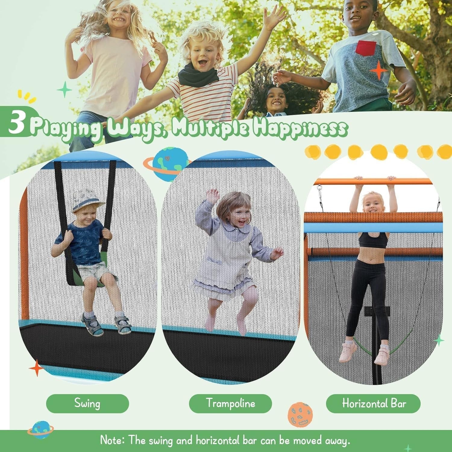 6FT Kids 3-in-1 Trampoline Safety Enclosure Swing Bar Indoor Outdoor