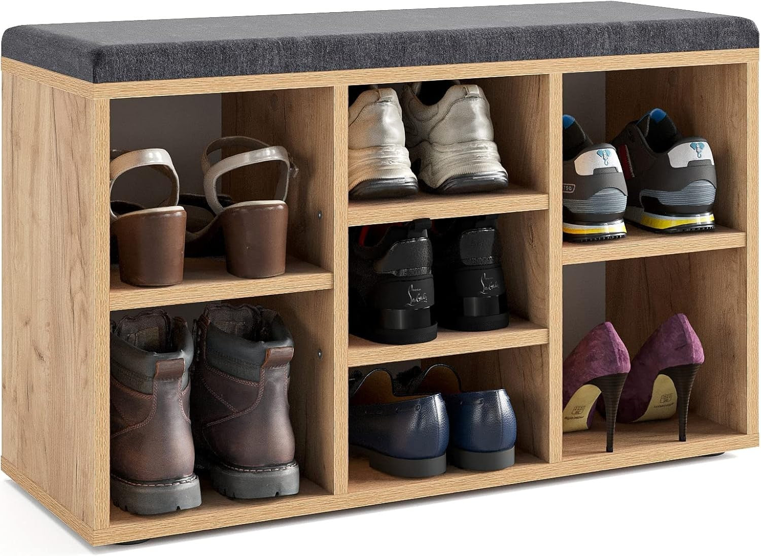 Honey Oak Grey Shoe Storage Bench with Cushion – Hallway Seat 80x30x50cm