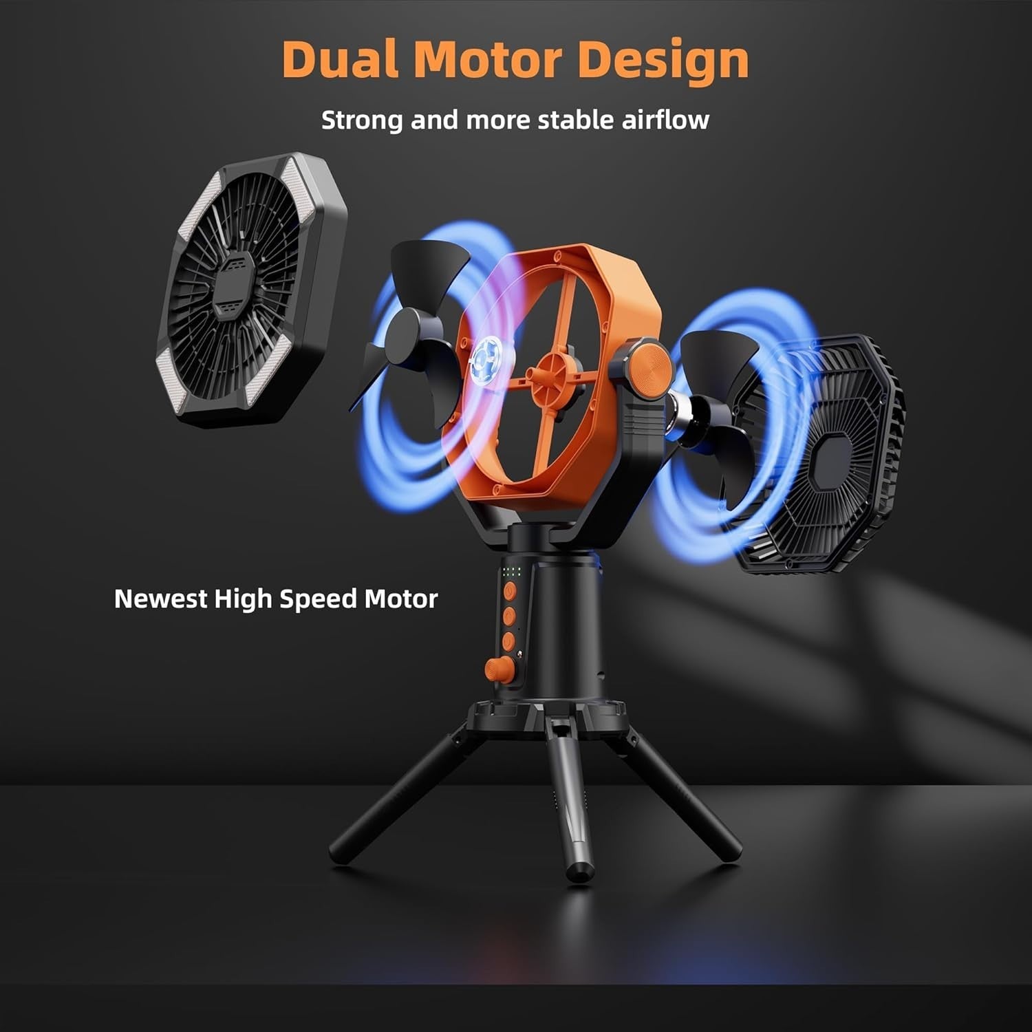 Portable Tripod Fan – 20000mAh Rechargeable LED Camping Fan w/ Remote Orange