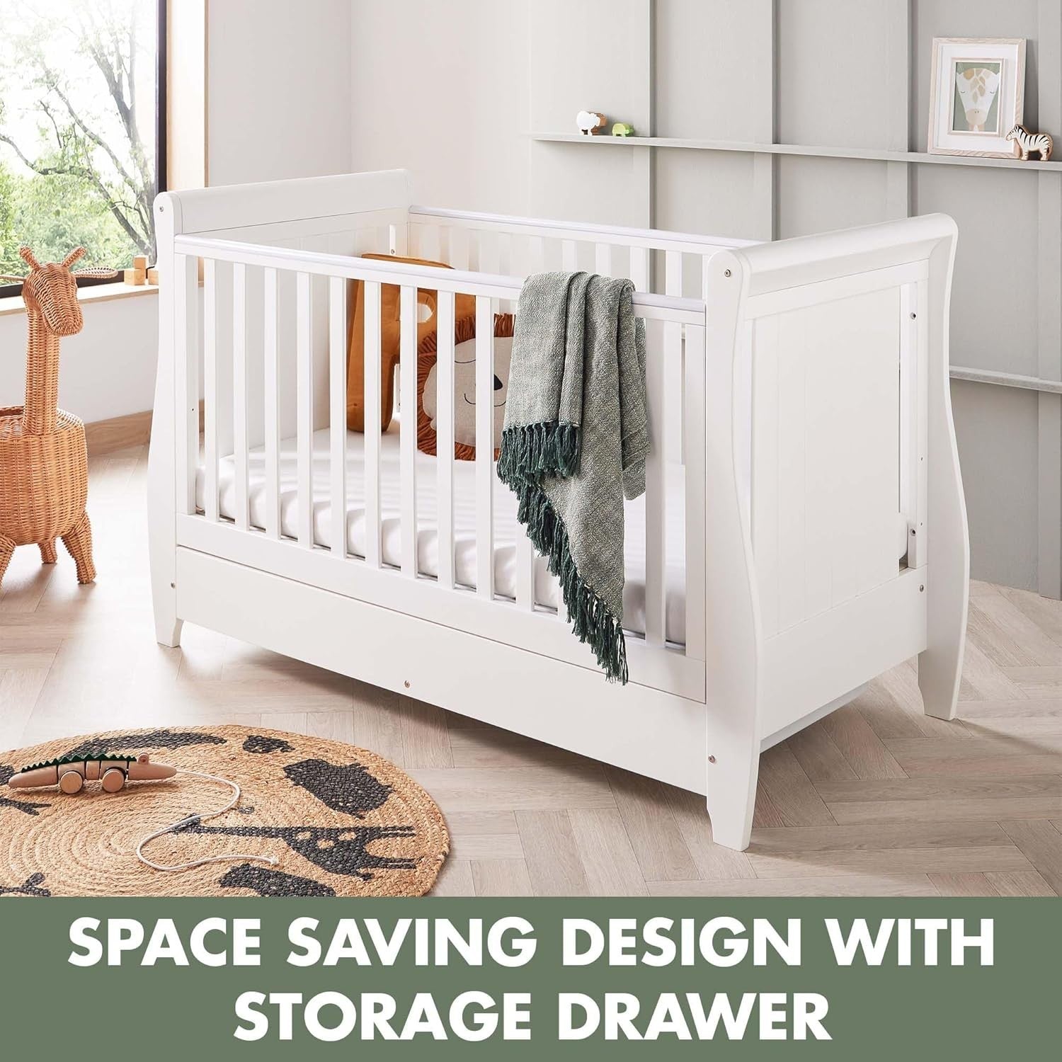 Baby Cot Bed Convertible Toddler Day Bed Adjustable Height Solid Wood White