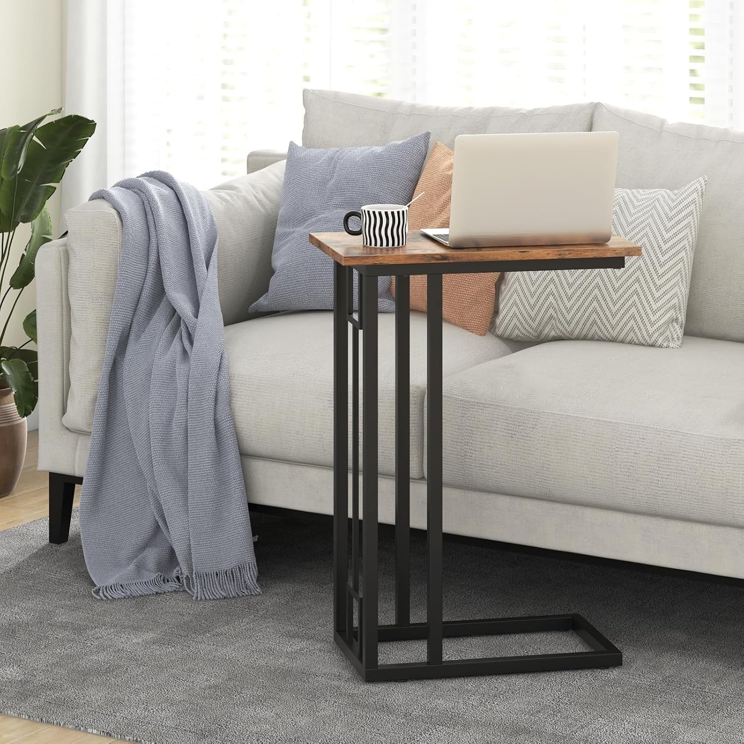 Industrial C-Shaped Side Table with Storage Shelf Modern Slim Sofa Laptop Stand