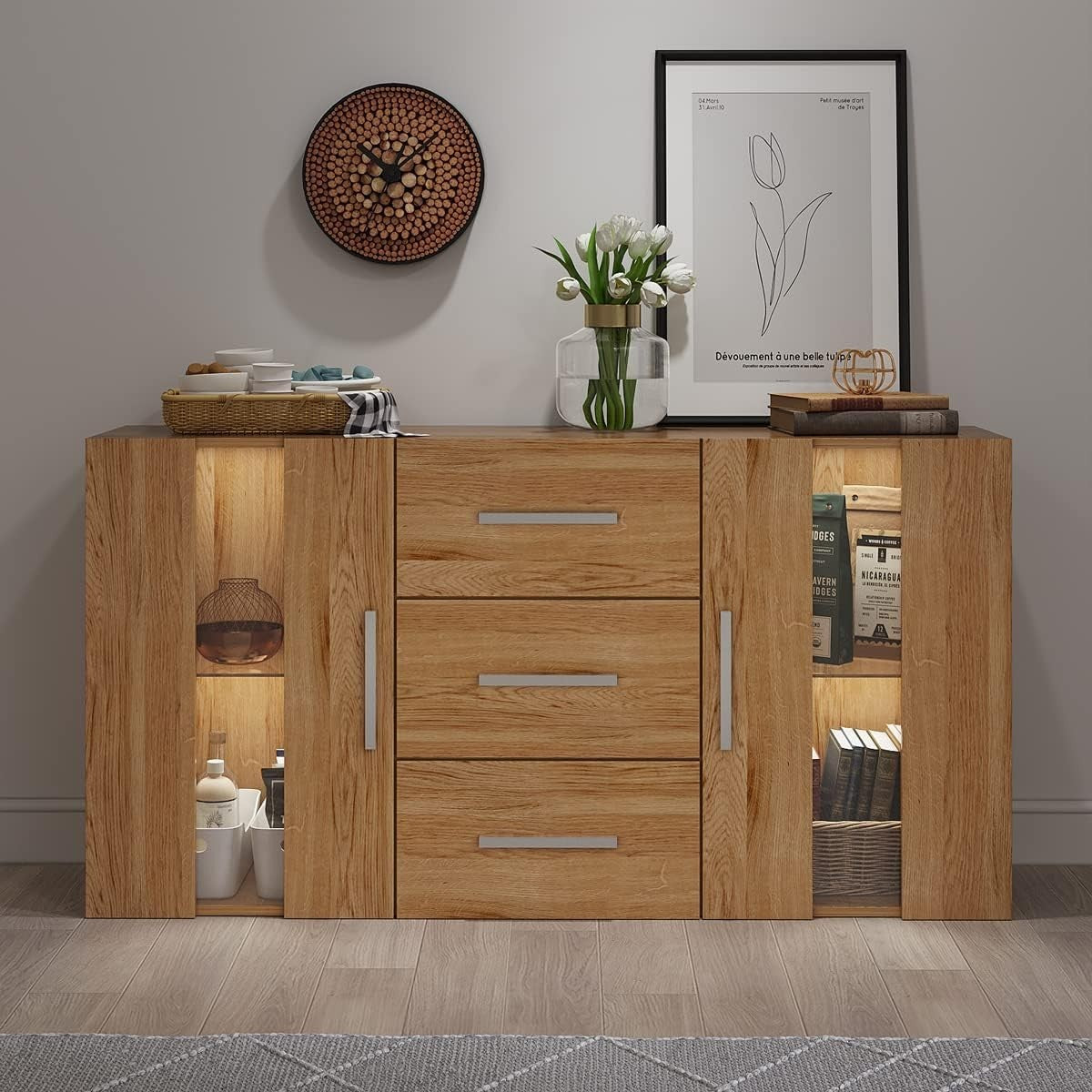 LED Sideboard Cabinet with Drawers, Glass Doors & Storage Lights, Oak