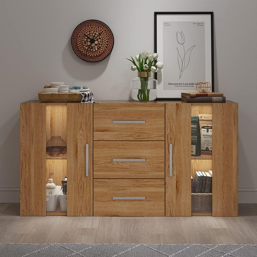 LED Sideboard Cabinet with Drawers, Glass Doors & Storage Lights, Oak