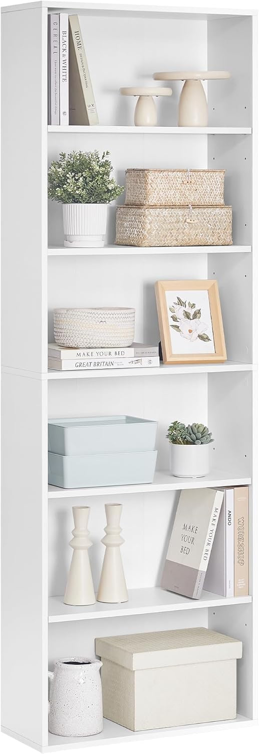 6-Tier White Bookcase 60cm Wide Tall Adjustable Shelving Unit Modern Storage