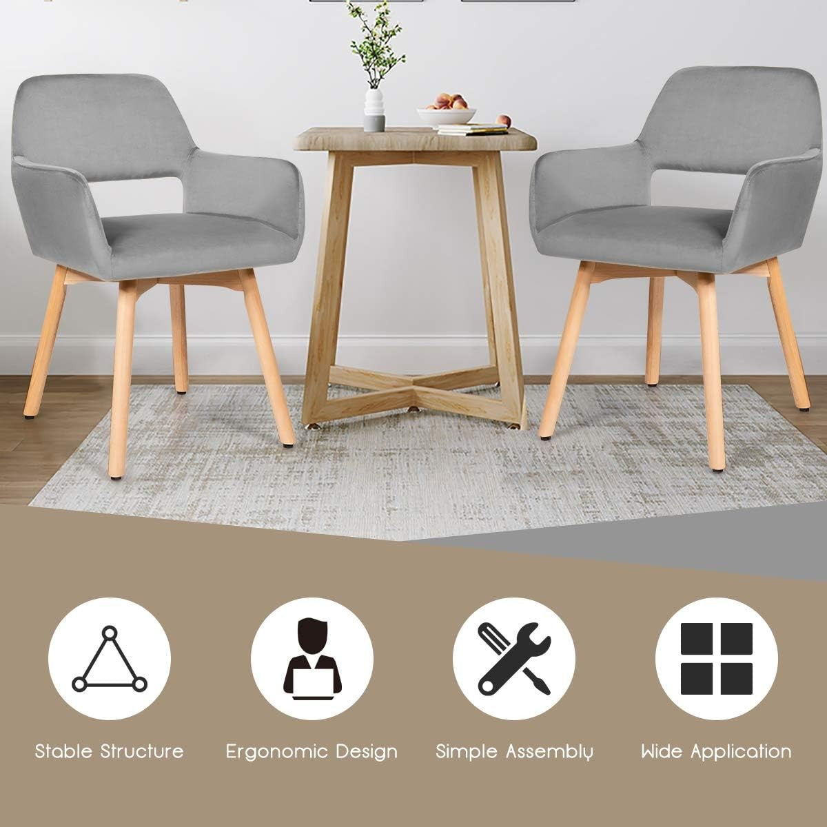 Velvet Dining Chairs Set of 2 Grey Upholstered Tub Armchairs