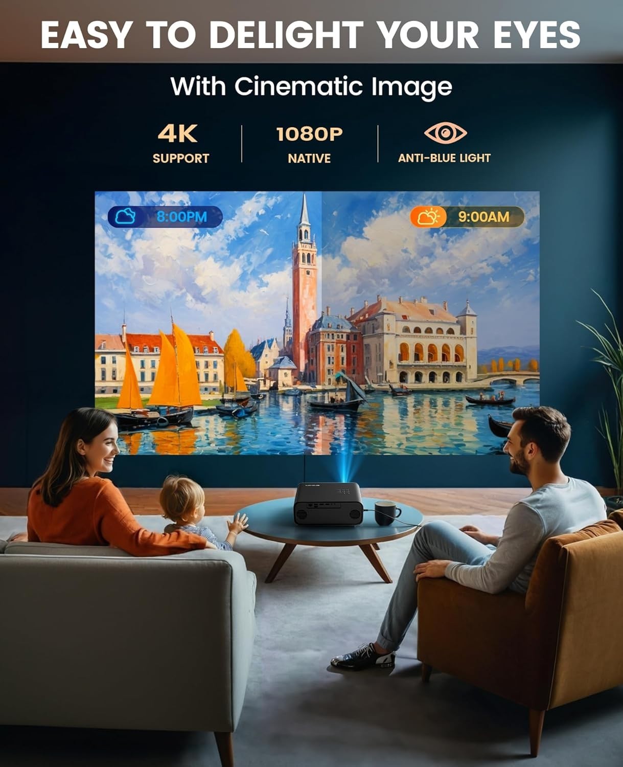 1080P WiFi 6 Bluetooth Projector Auto Focus 4K Support 300in Zoom