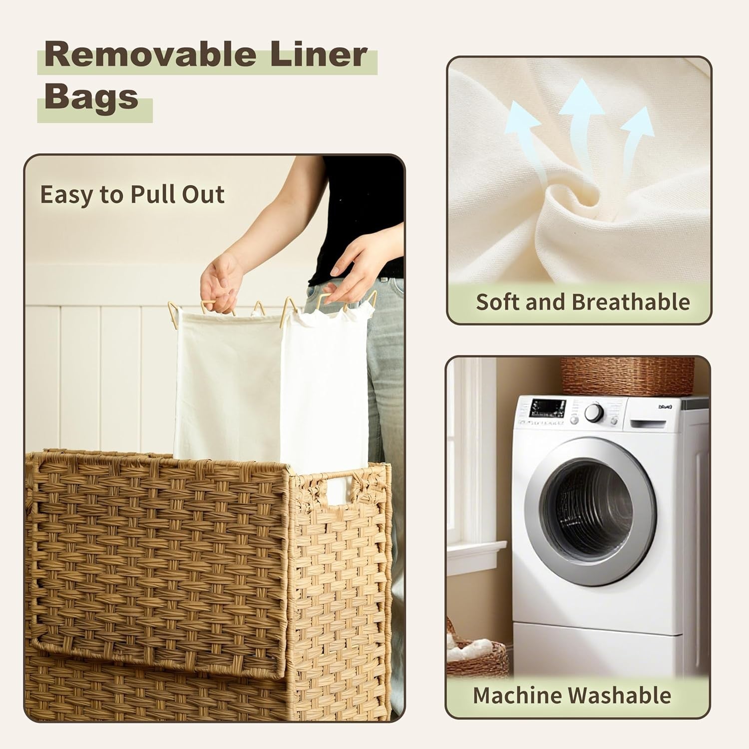 130L Rattan Laundry Hamper 3 Section with Lid 4 Bags Wicker Storage Shelf Unit