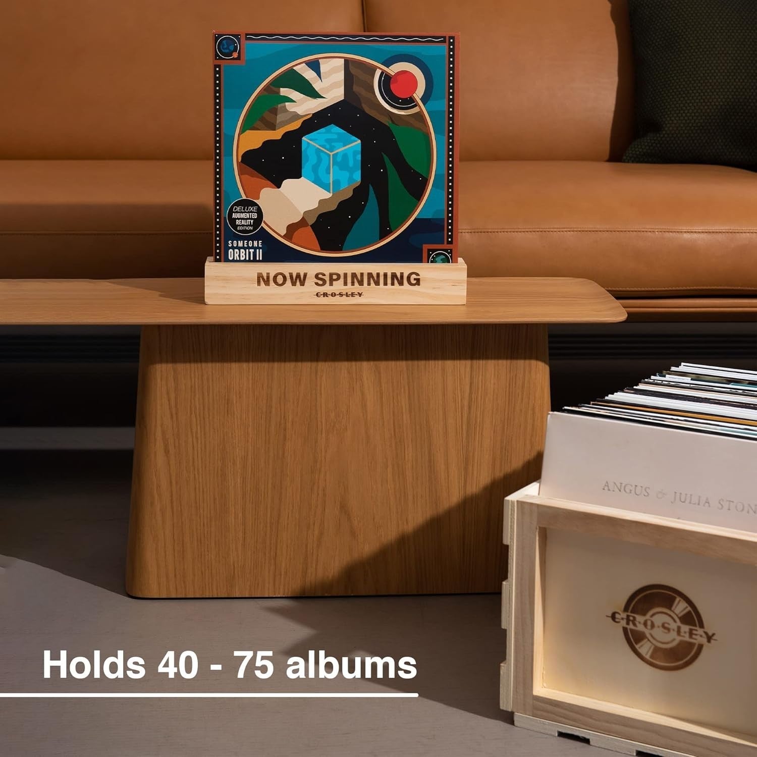 Rustic Wooden Record Storage Crate with Handles Holds 75 Albums