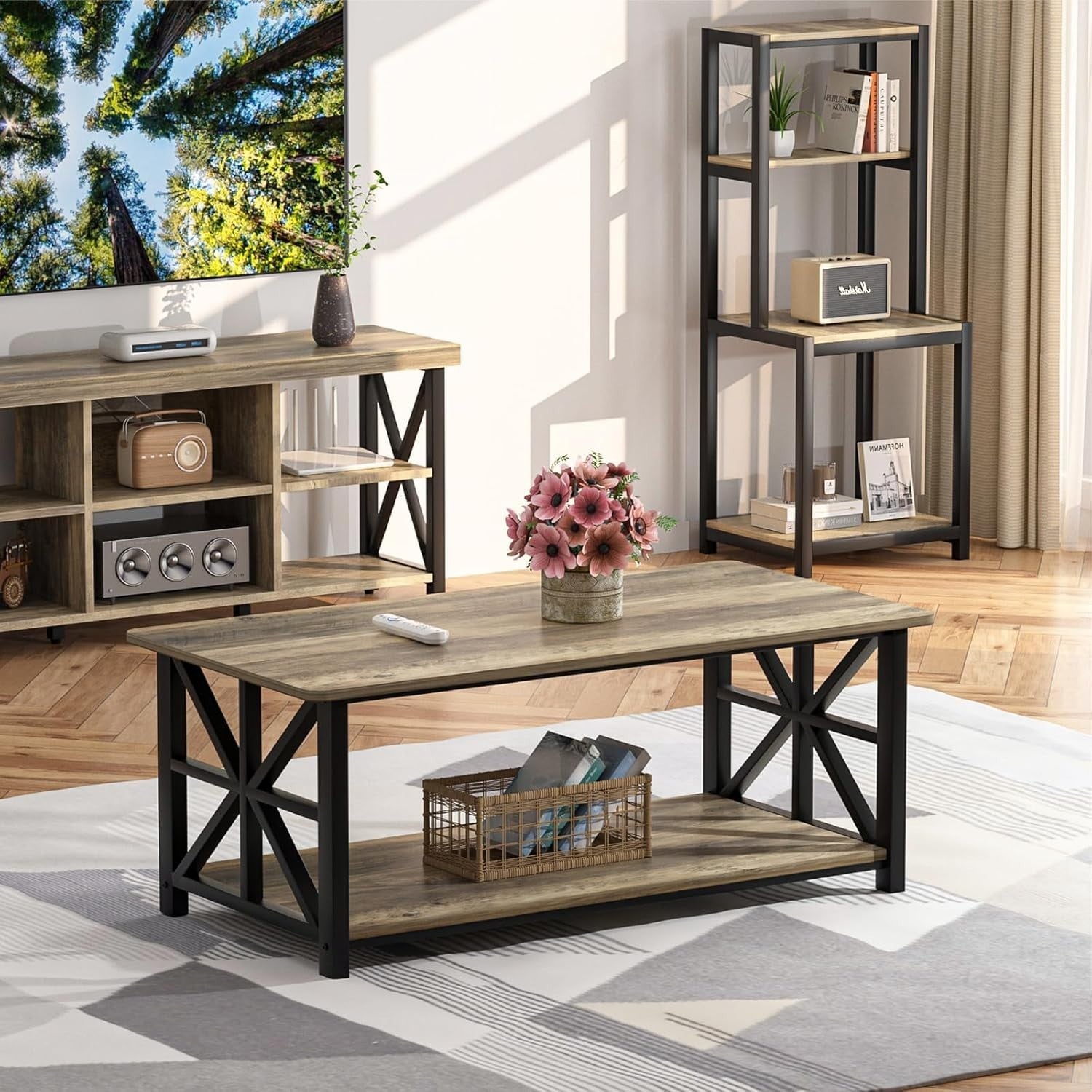 2-Tier Grey Coffee Table with X-Frame, Rounded Corners, 100cm Storage