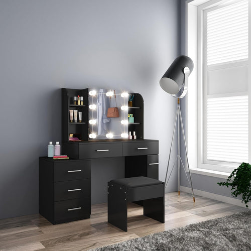 Black Vanity Dressing Table Set w/ Lights Mirror 12 Storage Drawers Modern