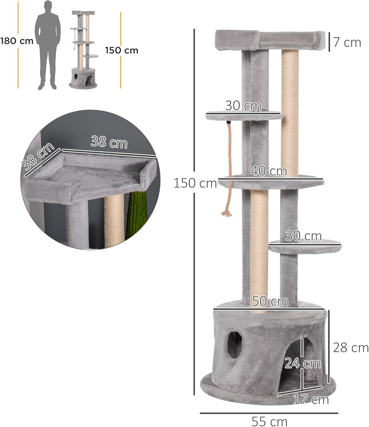 Grey Cat Tree Tower with Condo Scratching Posts Tall Multi Level Play Perches