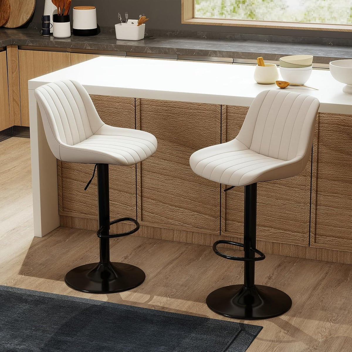 Adjustable Swivel Bar Stools Set of 2 PU Leather Counter Height Beige