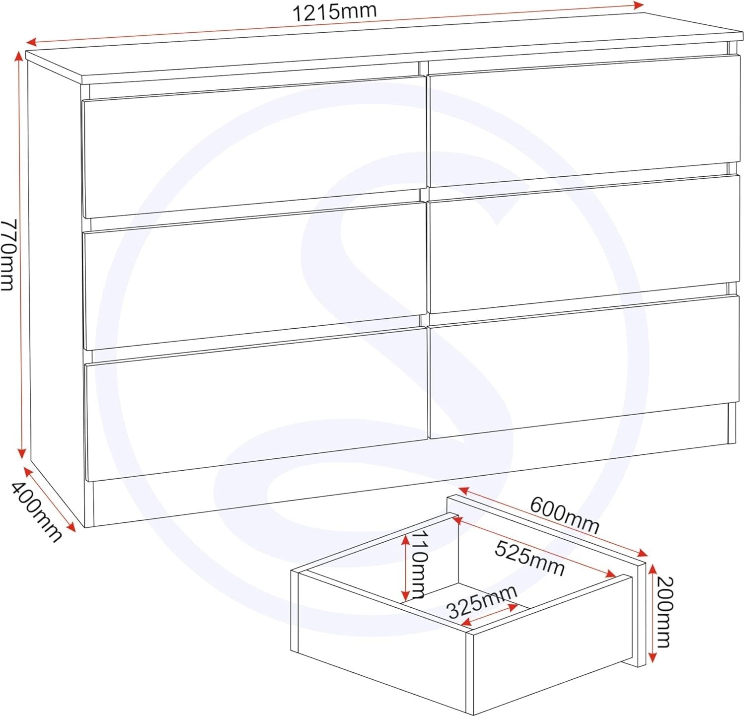 White 6 Drawer Chest Modern Bedroom Storage Unit 121cm Wide MDF