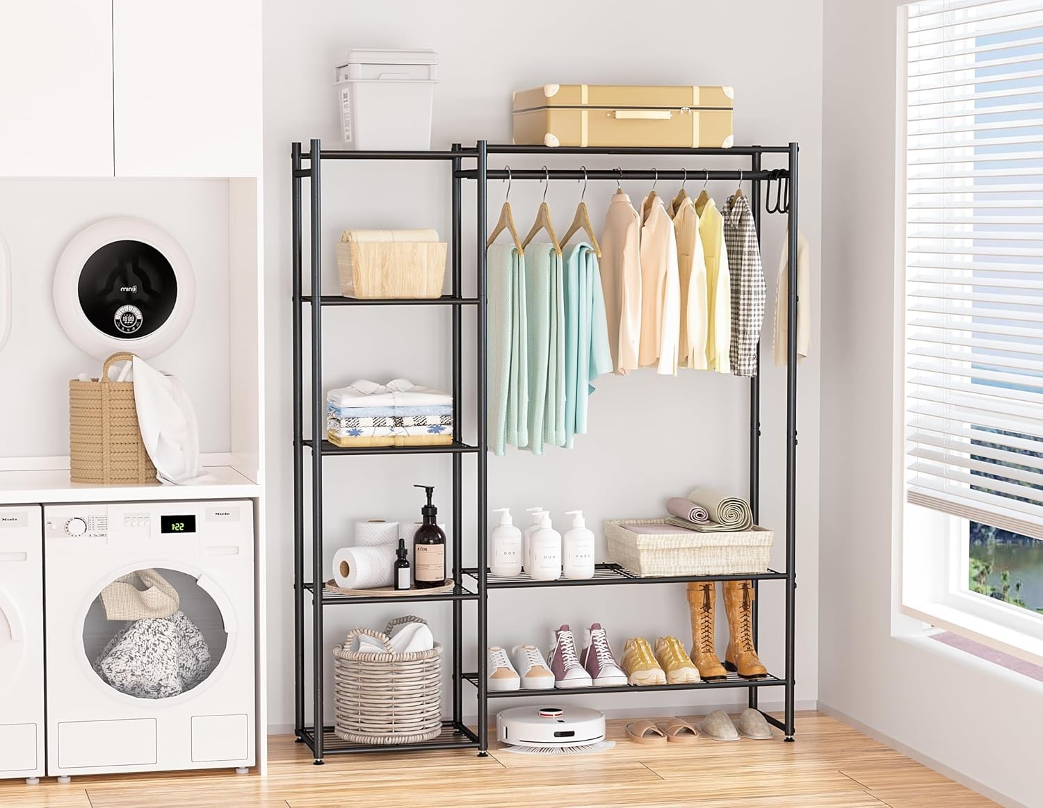 Heavy Duty Clothes Rail with Shelves & Hooks – Black 162cm
