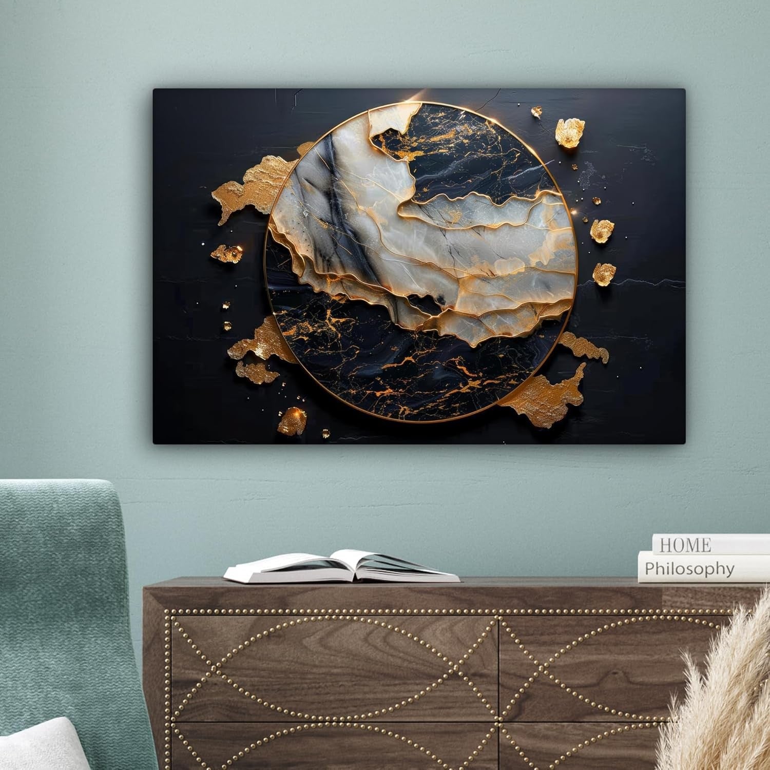 Gold Black Abstract Canvas Wall Art 60x40cm Framed Modern