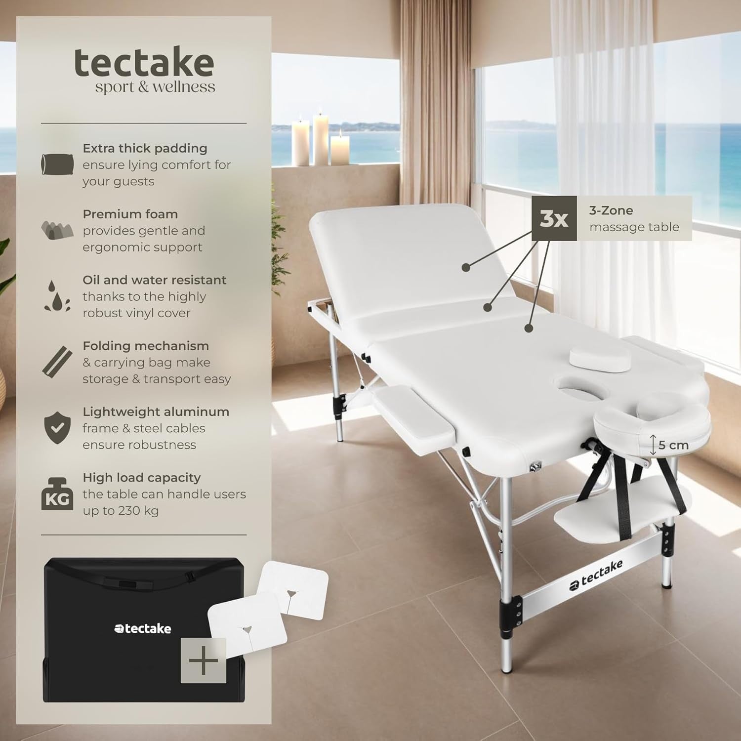 Portable 3 Zone Massage Table Foldable Aluminium Spa Beauty Bed 78cm White