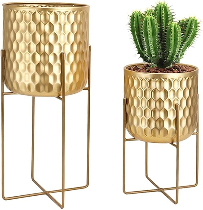 Set of 2 Gold Metal Planters with Stands 31cm & 45cm Indoor Outdoor Flower Pots
