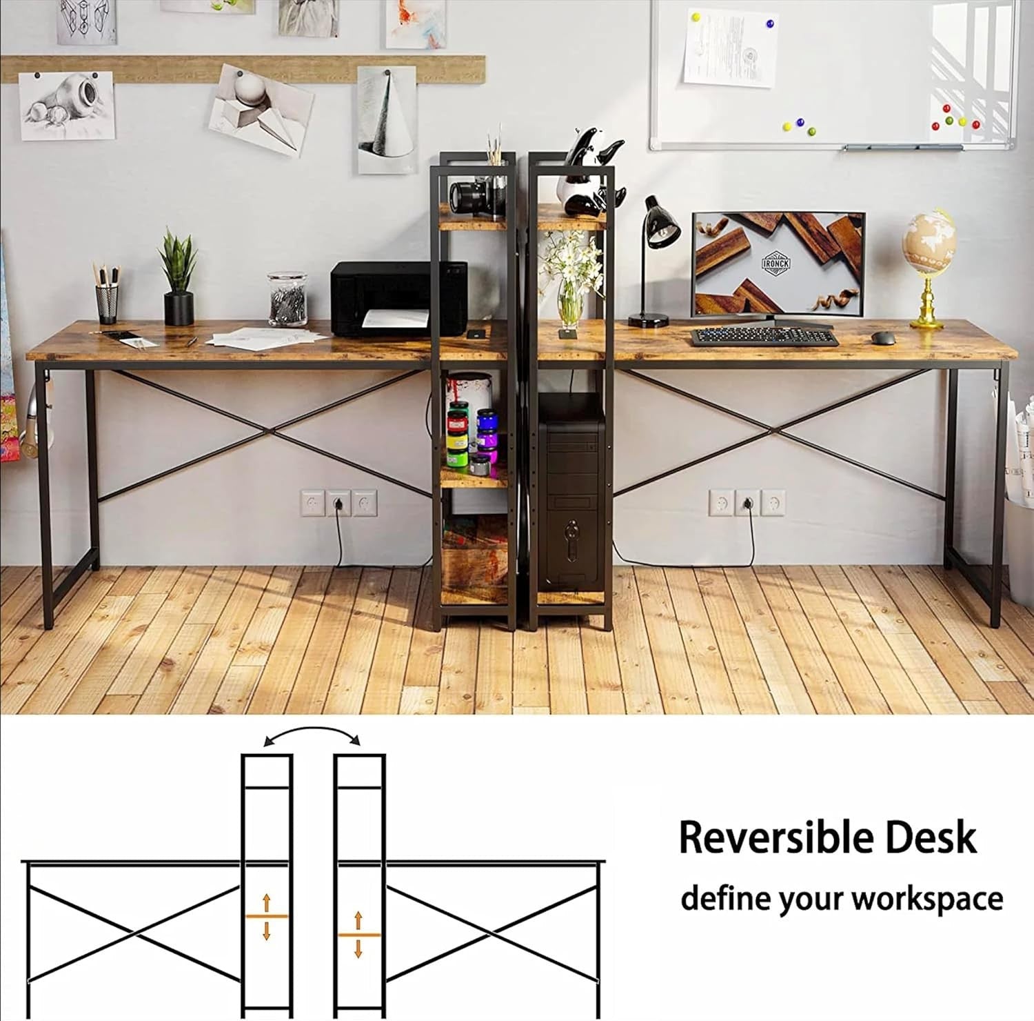 4 Tier Reversible Computer Desk 120cm Rustic Industrial Table w/ USB & Sockets