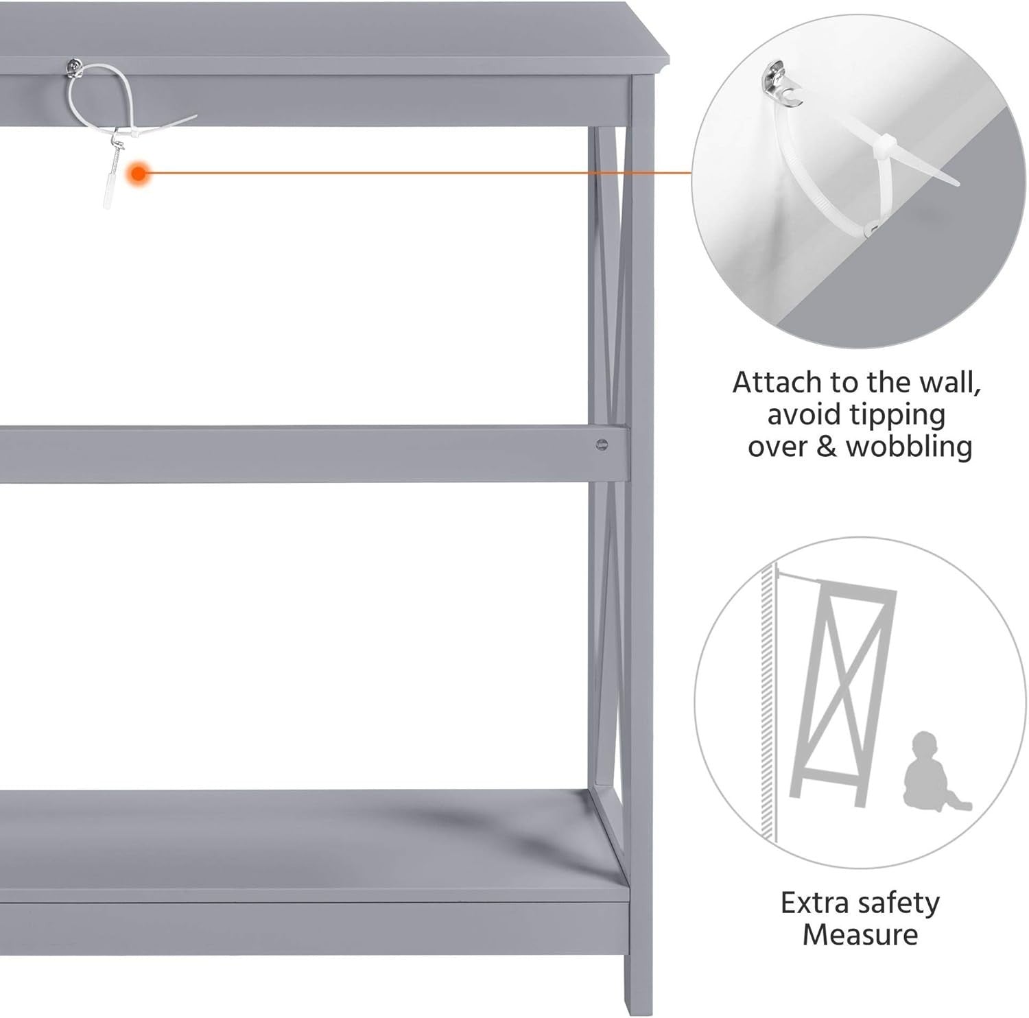Slim 2-Tier Grey Console Table with X-Frame for Hallway & Living Room