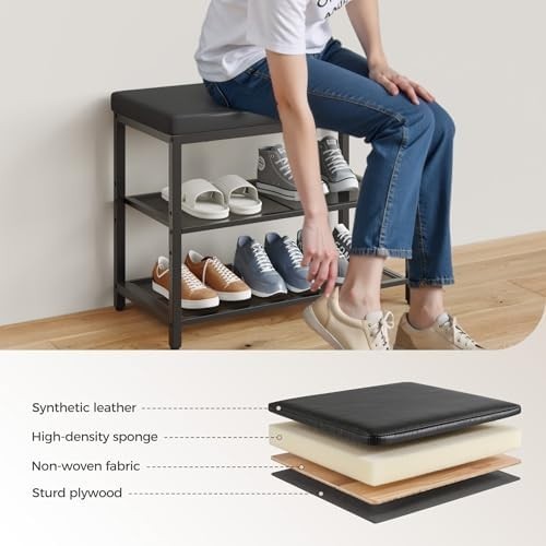 Black 3-Tier Shoe Bench with Cushion Seat – Industrial Hallway Organizer
