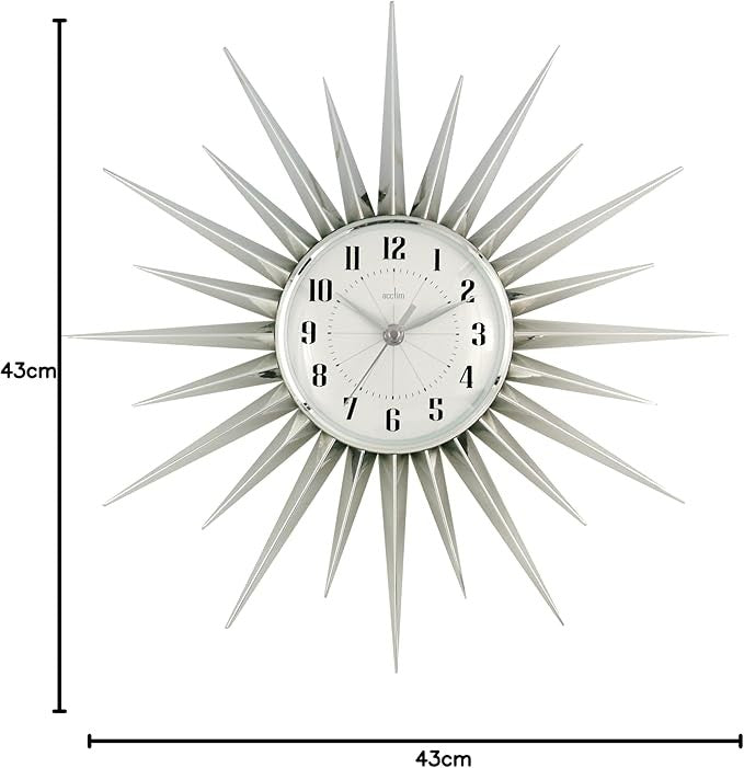 Large 43cm Starburst Wall Clock Silver Retro Sunburst Silent Home Decor