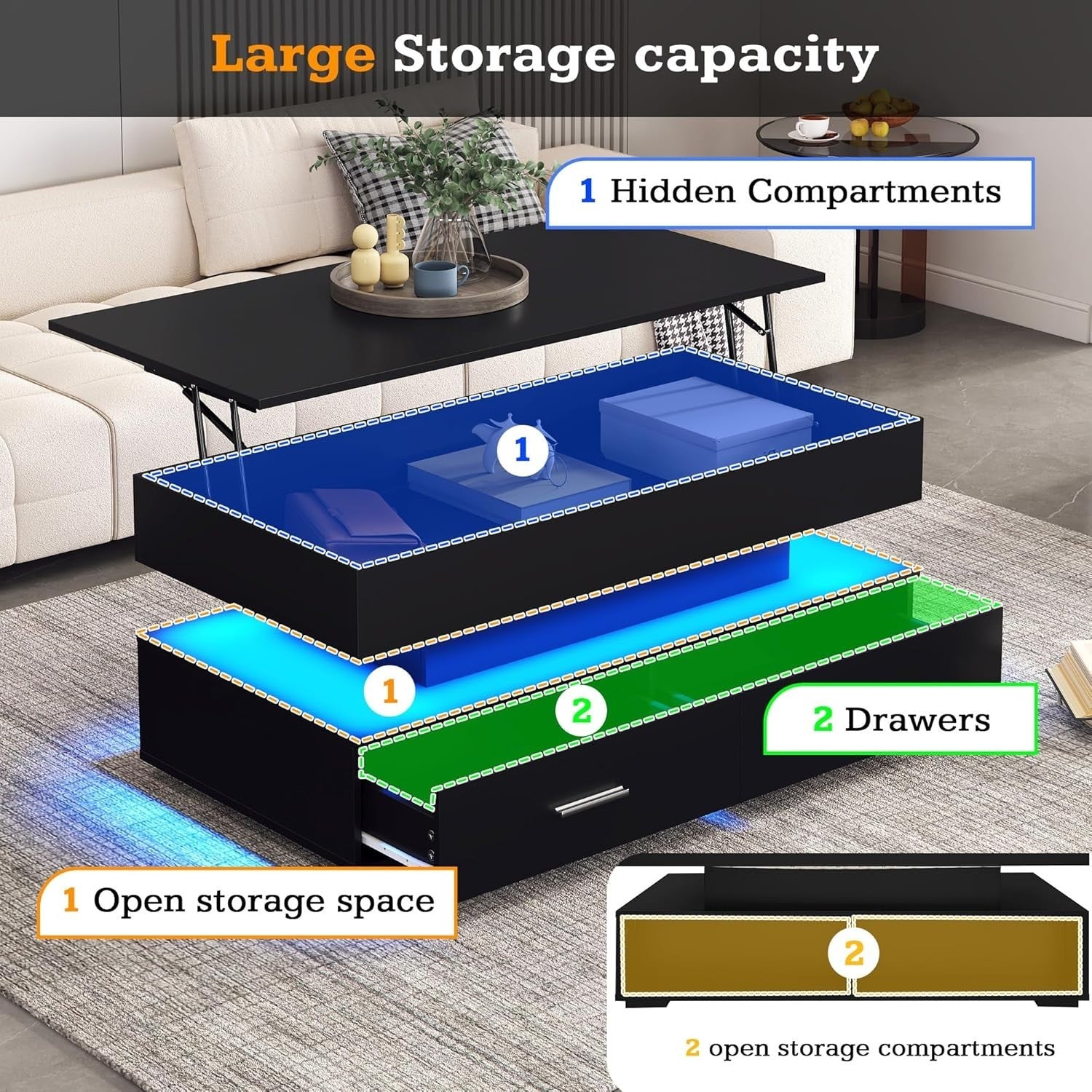 Modern LED Lift Top Coffee Table with Storage & Drawers, Adjustable Height