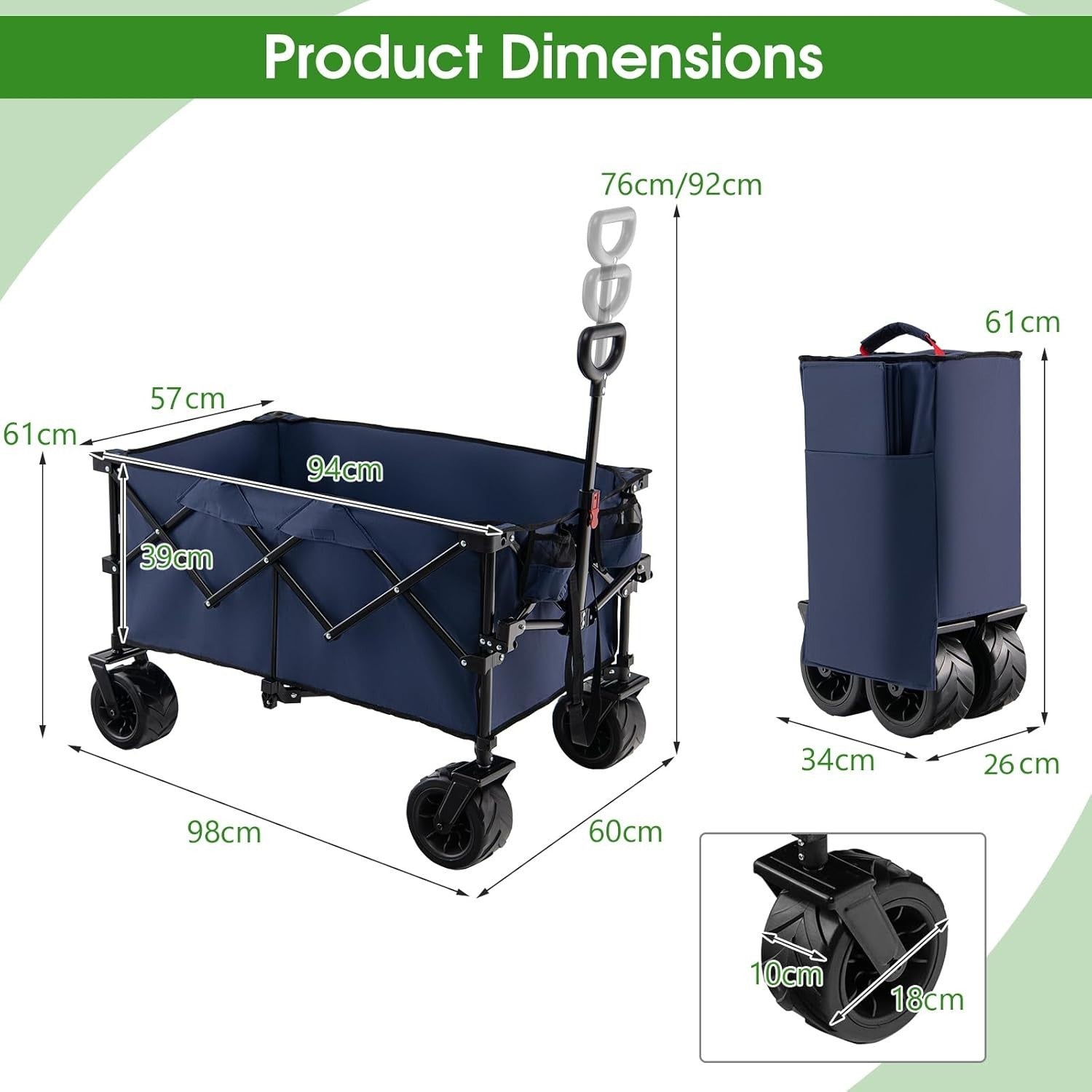 Blue Folding Camping Wagon Heavy Duty Collapsible Garden Cart Adjustable Handle