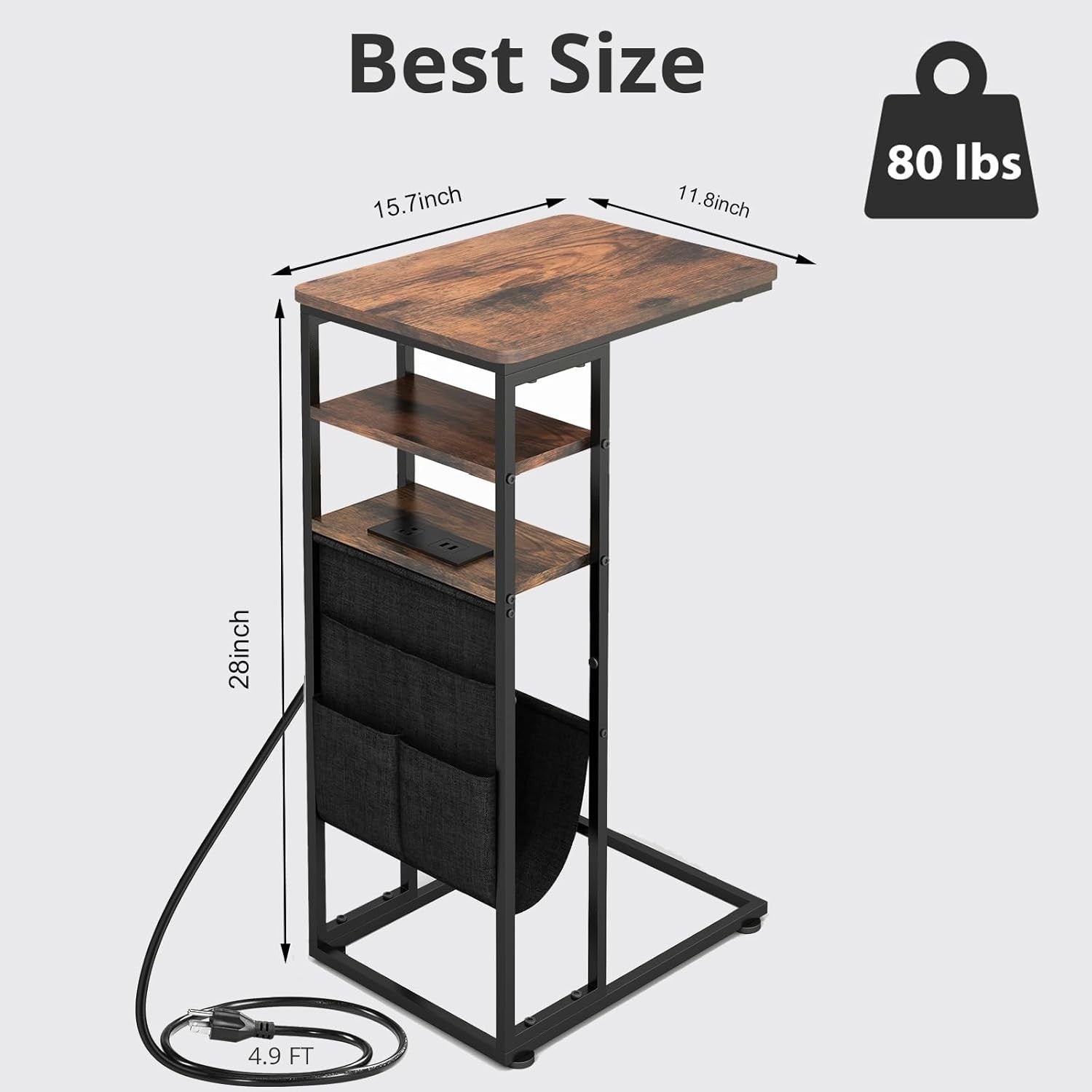 Retro C-Shaped End Table with Charging Station 3-Tier Storage Slim Sofa Table