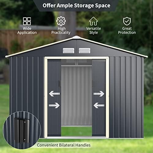 Metal Garden Storage Shed 9x6ft Waterproof Outdoor Tool Shed, Sliding Doors Grey
