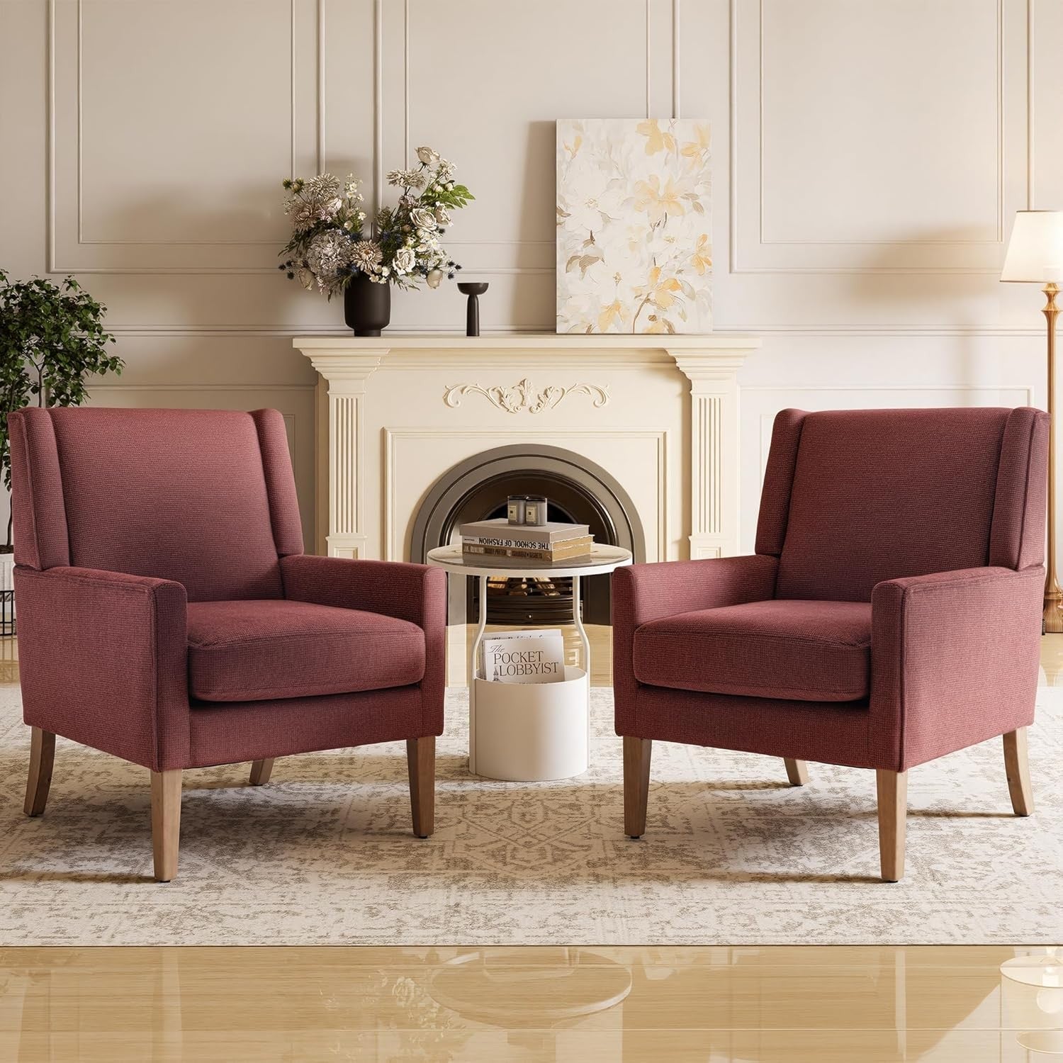 Red Wingback Accent Armchairs Set of 2 Upholstered Wood Legs