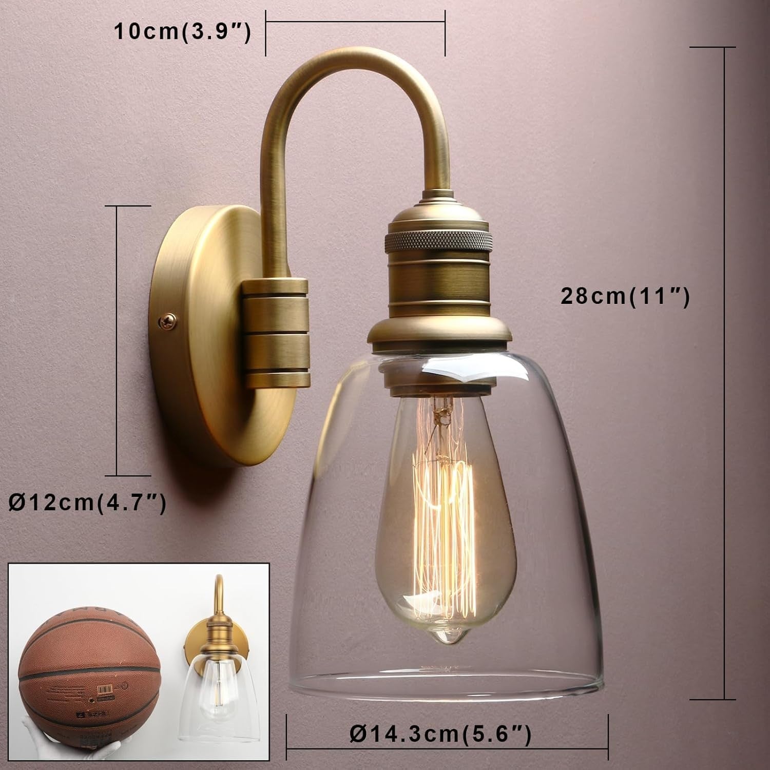 Vintage Industrial Glass Wall Sconce Light - 2 Pack, Antique Gold, Durable
