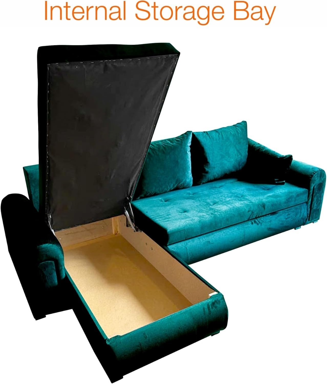 Green Velvet L-Shaped Sofa Bed w/ Storage & Pull-Out Sleeper 4 Seater