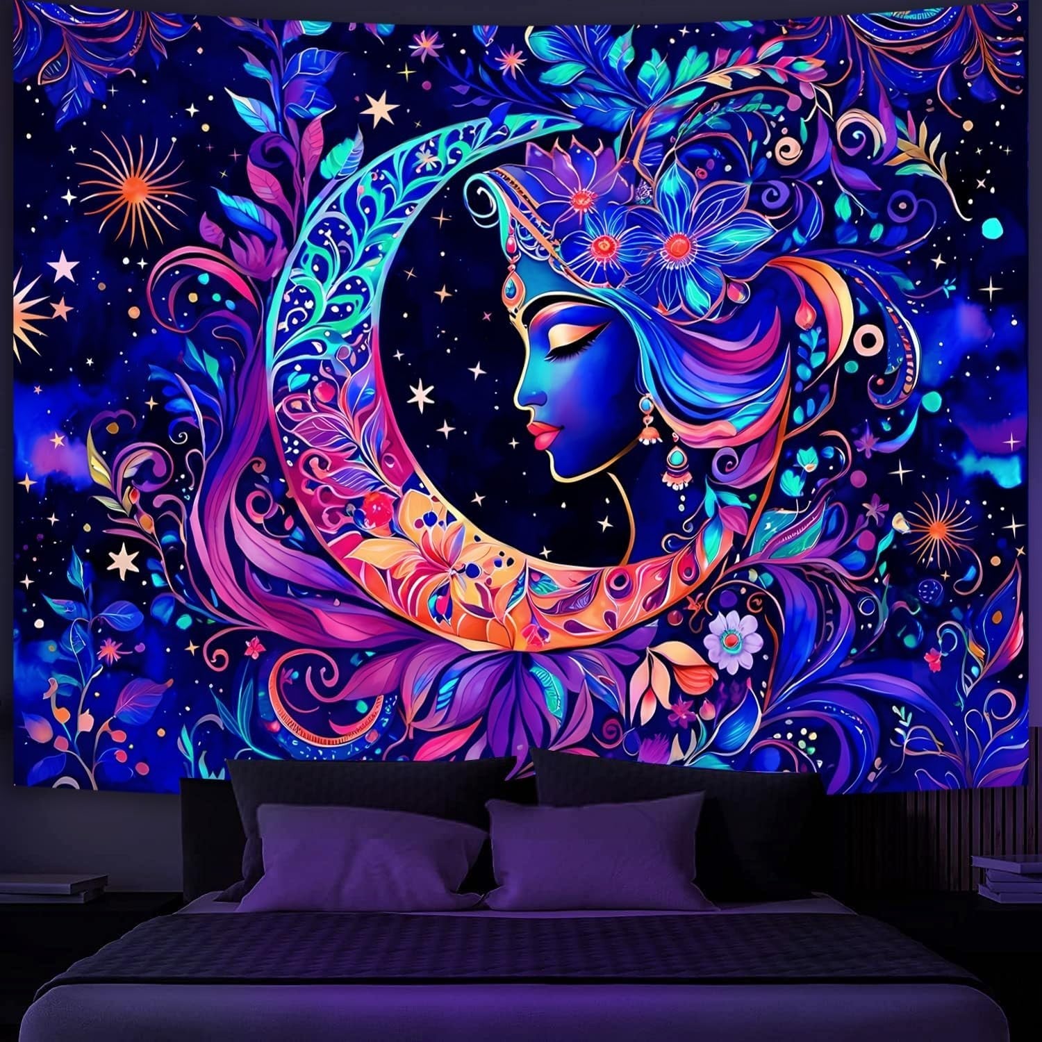 UV Reactive Moon & Star Mandala Tapestry Boho Wall Art
