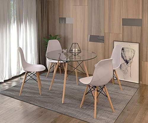 Round Glass Dining Table 90cm Tempered Top Wooden Legs Retro Kitchen Modern
